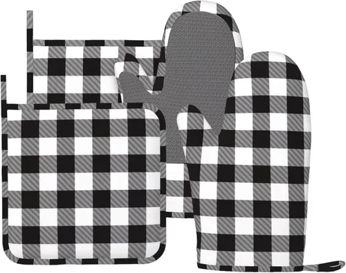 Miniatura 20 de Manoplas de horno y soportes para ollas a cuadros de búfalo negro y rojo, juego de 4 piezas, guantes de horno de silicona a cuadros negros y rojos