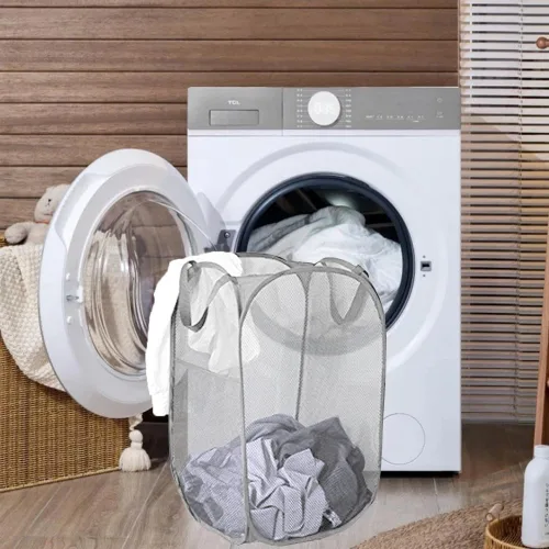 Miniatura 4 de Paquete de 2 cestas plegables de malla para la ropa sucia, cestas plegables para la ropa de baño, dormitorio universitario, viajes (gris)