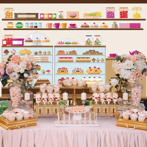 Miniatura 4 de Fondo de estante de panadería de 5 x 3 pies para pastelería y cafetería, pastel de cumpleaños, piruleta, judía, magdalena, pastelería, tienda