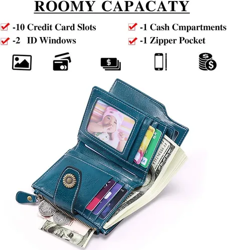 Miniatura 2 de FALAN MULE - Cartera pequeña plegable para mujer de cuero genuino, compacta, con bloqueo RFID, Azul Patchwork), 5206