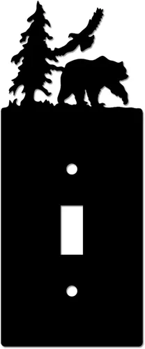Miniatura 8 de Eagle & Bear - Placa de pared con interruptor de luz, doble dúplex, habitación de cabaña negra Cubiertas decorativas de metal para enchufe, se