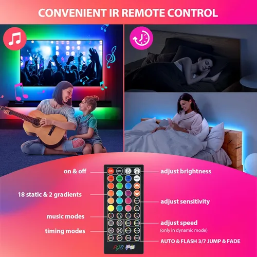 Miniatura 5 de Tiras de luces LED de 65.6 pies (2 rollos de 32.8 pies), tira de luces RGB que cambia de color 5050 con control remoto IR de 40 teclas, luces