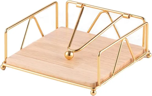 Servilletero plano para servilletero, dispensador de servilletas de metal con brazo de tensión ponderada y base de madera, organizador de Oro