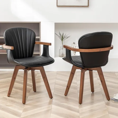 Miniatura 4 de LUNLING Sillas de comedor giratorias, sillas de cocina modernas de cuero sintético negro de mediados de siglo con brazos, patas de bambú, sillas