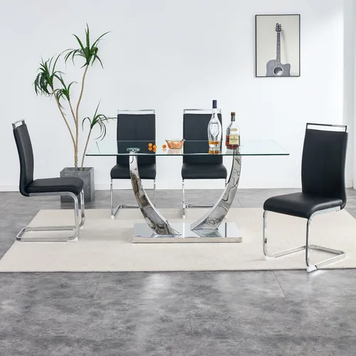 Miniatura 3 de Juego de mesa de comedor de vidrio de 63" para 4, juego de mesa de comedor moderno para 4, mesa de cocina y sillas de cuero PU, mesa de comedor