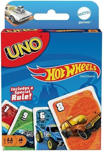 Hot Wheels UNO Juego de cartas coincidentes con 112 cartas con gráficos de Hot Wheels, noche de juego, regalo para niños a partir de 7 años