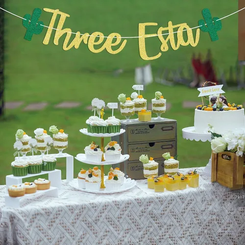 Miniatura 5 de Cartel de tres Esta con purpurina dorada, decoración de fiesta de tercer cumpleaños, decoración de fiesta mexicana temática de tercer cumpleaños