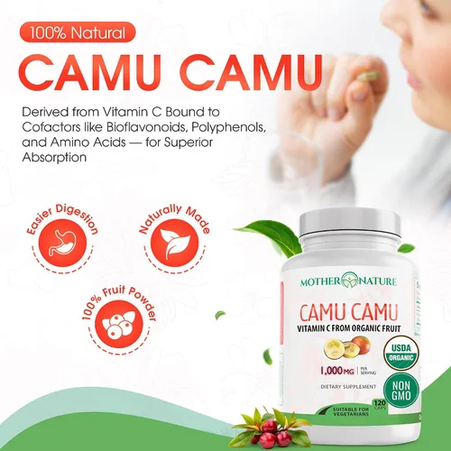 Miniatura 7 de Cápsulas Mother Nature Organics Camu Berry – Repleto de vitamina C natural y antioxidantes crudos – Refuerzo inmunológico y antienvejecimiento
