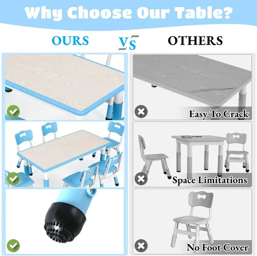 Miniatura 2 de Arlopu Juego de mesa y 6 sillas para niños, escritorio de graffiti ajustable en altura, mesa de manualidades para actividades preescolares, para Azul