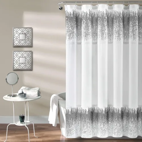Lush Decor Cortina de ducha con lentejuelas brillantes, color blanco y negro, 72 x 70 pulgadas