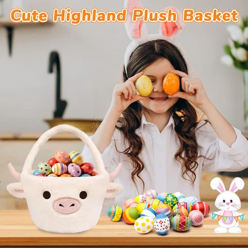 Miniatura 6 de Cesta de Pascua - Cestas de felpa de vaca blanca de Pascua para niños, suaves y vacías para caza de huevos con asa, lindas decoraciones de dulces