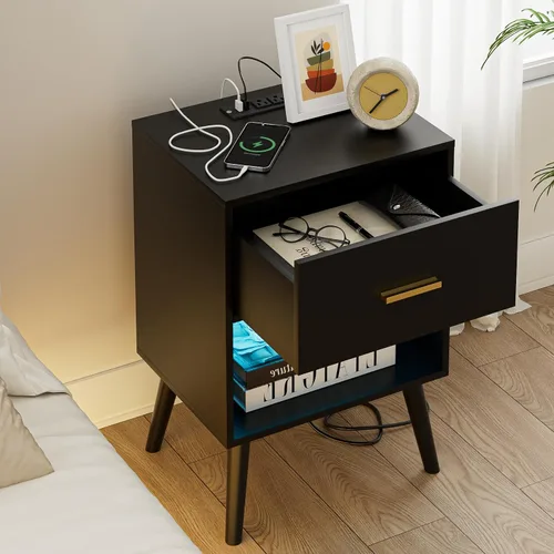 Miniatura 7 de Aienvey Mesita de noche con estación de carga y luces LED, mesa auxiliar pequeña, mesita de noche con cajón, mesita de noche moderna, mesa auxiliar