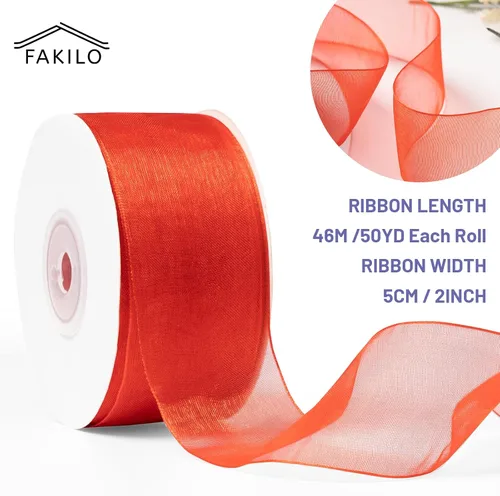 Miniatura 2 de Cinta de organza roja para envolver regalos, cinta transparente brillante de 2 pulgadas para ramos, bodas, festivales, 50 yardas cada rollo