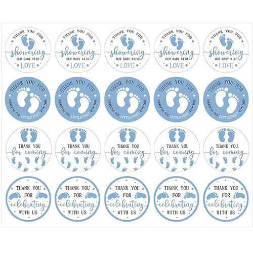 Calcomanías de recuerdo de baby shower, 240 unidades para niño, tema de pies azules de 2 pulgadas, huella, agradecimiento por celebrar con nosotros,