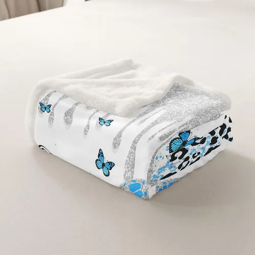 Miniatura 7 de Manfei Manta de mariposa azul con purpurina plateada para sofá, manta de cama con estampado de leopardo azul para niños y niñas, decoración