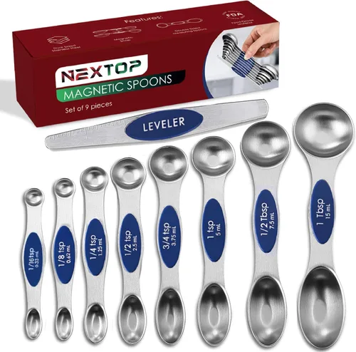 Miniatura 16 de Juego de 9 cucharas medidoras magnéticas de acero inoxidable, apilables, de doble cara, cucharas medidoras para medir ingredientes secos y líquidos