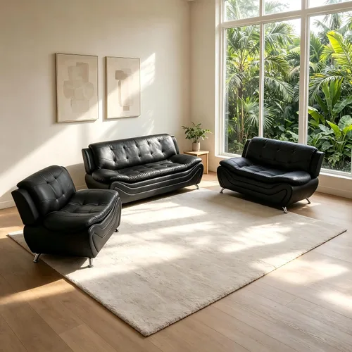 Sofás de cuero para sala de estar, juego de sofá para dormitorio, apartamento, juegos de muebles de sala (a-cuero negro, sofá+sofá biplaza+silla)