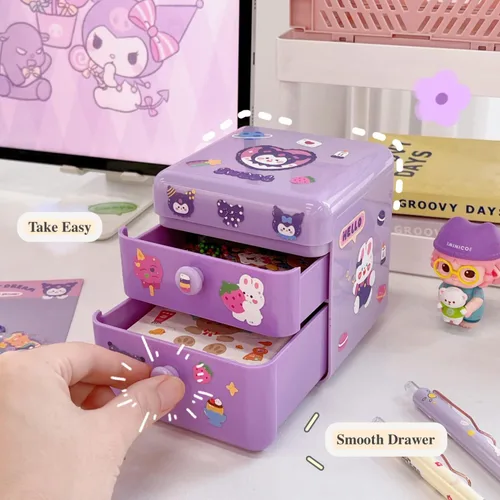 Miniatura 6 de Organizador de escritorio pequeño Kawaii con tapa y 2 cajones, lindo organizador de escritorio Kawaii con calcomanías de bricolaje para adolescentes
