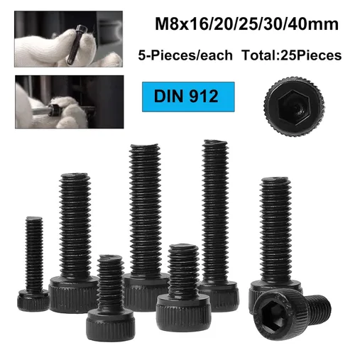 Miniatura 5 de 25 piezas de tornillos de cabeza hexagonal M8 x 16/20/25/30/40 mm, juego de tornillos de máquina de acero de aleación de grado 12.9
