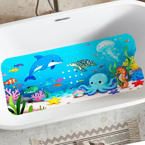 Alfombra de bañera para niños antideslizante, delfines nadan felices en el mar (azul) | 40 x 16 pulgadas, extra larga, suave, ventosa para un agarre