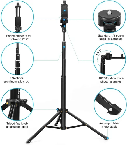 Miniatura 3 de Yesker Trípode para selfie stick para iPhone Android de 52 pulgadas extensible para teléfono con control remoto Selfie Stick Equipo de grabación