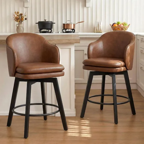 Miniatura 45 de Taburetes de Bar de Altura de Mostrador de 26 pulgadas Tapizados Giratorios con Respaldo y Patas de Madera para Isla de Cocina, Juego de 2, Tela
