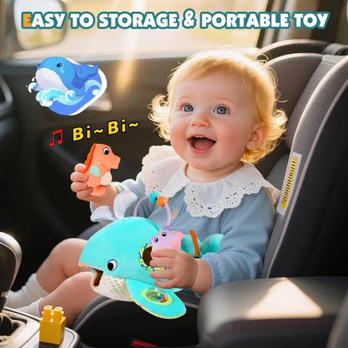 Miniatura 7 de FREYBLI Juguetes para bebés de 6 a 12 meses - Juguetes suaves de aventura oceánica con sonajero, papel crujiente, silbato, espejo - Juguetes Azul