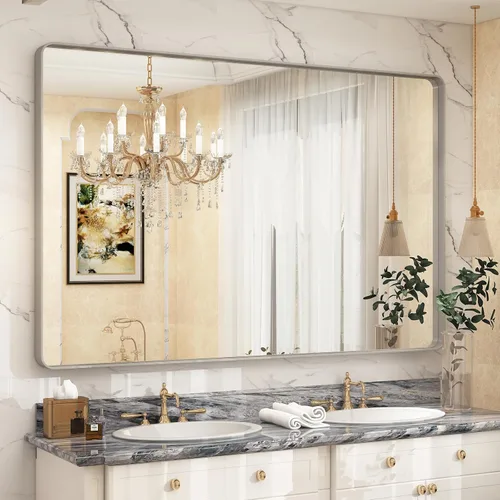 Miniatura 110 de Paquete de 2 espejos de baño con marco de metal negro de 22 x 30 pulgadas, espejo rectangular redondeado negro mate, antioxidante, se cuelga