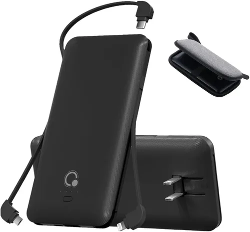 Miniatura 11 de Q 10000 mAh Banco de energía, cargador portátil delgado, paquete de batería externa con 4 salidas, enchufe de pared AC incorporado, cables Micro USB