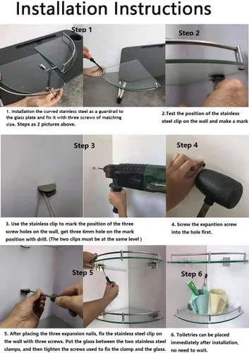 Miniatura 7 de Organizador de ducha esquinero para baño, estantes de baño de vidrio templado de 9.5 pulgadas montados en la pared, organizador de ducha 2-Tier