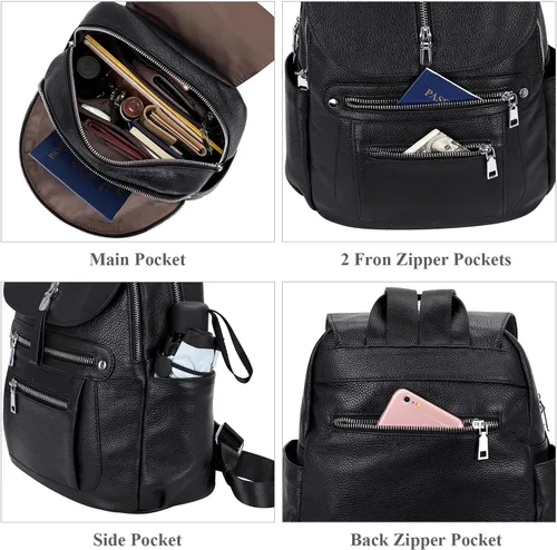 Miniatura 6 de ALTOSY Mochila de cuero para mujer, bolso casual de moda con múltiples bolsillos y solapa