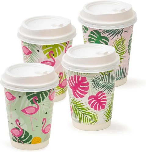 Miniatura 4 de ROYAL BLUEBONNET 48 tazas de café de papel de flamenco con tapas, 12 onzas, lindas tazas de café desechables con tapas con 4 diseños diferentes