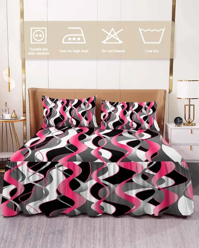 Miniatura 2 de Falda de cama rosa y negra para cama de tamaño Queen, falda de ropa de cama envolvente con volantes de polvo reunido con 2 paquetes de fundas