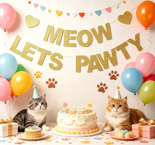 Miniatura 2 de Pancarta de Meow Let's Pawty – Telones de fondo para fiesta de cumpleaños de gatitos – Pet Cats Party Gold Glitter Paper Photoprops