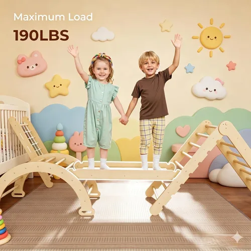Miniatura 5 de LINKHOO Pikler - Juego de 4 triángulos de madera, juego de escalada Montessori para niños de 2 a 8 años, gimnasios de selva de interior con arco