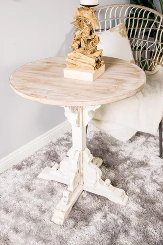 Miniatura 10 de Deco 79 Mesa auxiliar de madera con desplazamiento lateral, mesa auxiliar tallada envejecida con parte superior de madera marrón, mesa auxiliar