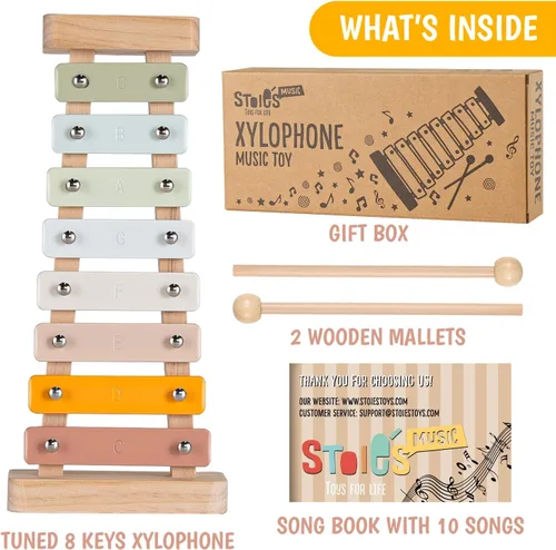 Miniatura 4 de Stoie's Xilófono de madera para niños y bebés, diseño amigable para niños, xilófono de 8 notas con colores de alegría afinado en C-Key con mazos
