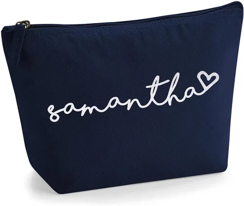 Miniatura 24 de Bolsa de accesorios de maquillaje con iniciales de nombre escritas a mano personalizadas en color negro con purpurina o textura de flocado