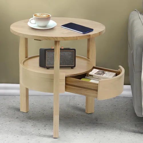 Miniatura 9 de Mesa auxiliar redonda con almacenamiento y cajón oculto, mesa auxiliar de madera natural de 20 pulgadas de profundidad x 20 pulgadas de alto