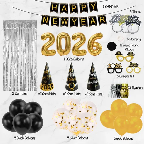 Miniatura 2 de Suministros para fiesta de Año Nuevo 2026 – Kit de decoración de Feliz Año Nuevo – Juego de 50 unidades incluye pancarta, sombreros, cinta, gafas