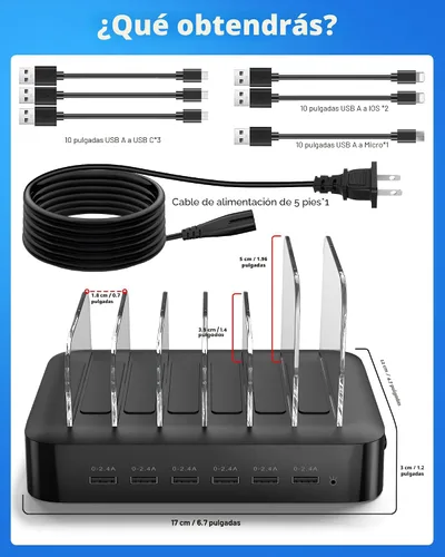 Miniatura 8 de MSTJRY Estación de carga para múltiples dispositivos: estaciones de carga USB de 6 puertos - Base de carga organizadora familiar para múltiples Negro