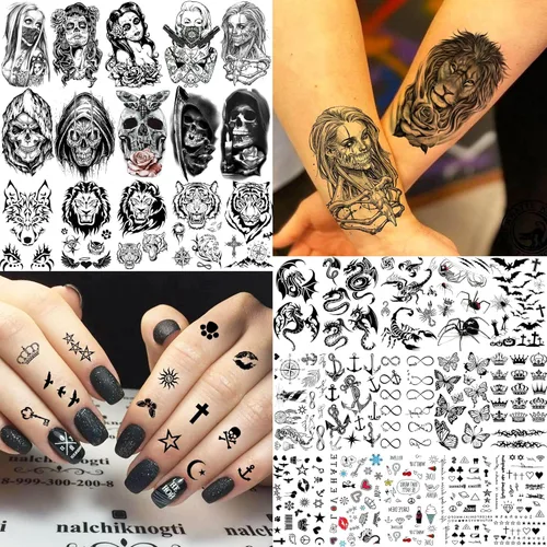 Miniatura 2 de 60 hojas de tatuajes temporales 3D de león y tigre geniales para hombres y mujeres, tatuajes falsos pequeños y aterradores de diablo, calavera