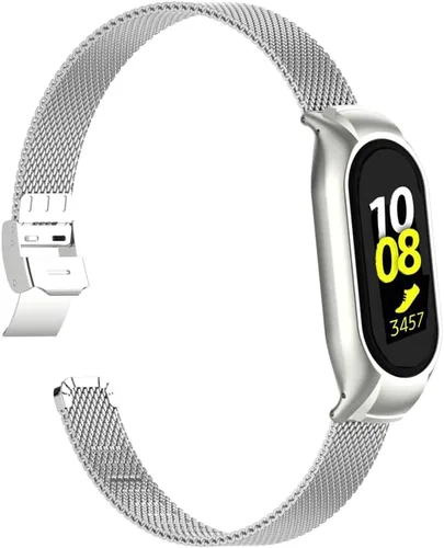 Miniatura 9 de Correa de reloj de metal compatible con Samsung Galaxy Fit2 SM-R220 de acero inoxidable con marco de bisel protector con diseño de malla