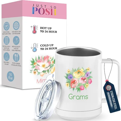 Miniatura 13 de Just So Posh Abuela Flowers - Vaso de café con asa y tapa deslizante, color blanco de 15 onzas, color camello polar, acero inoxidable, aislado al
