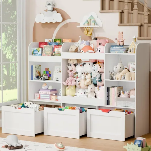 Miniatura 4 de Organizador de almacenamiento de juguetes para niños de 61 pulgadas de ancho con estantería, organizadores de juguetes extra grandes con Blanco
