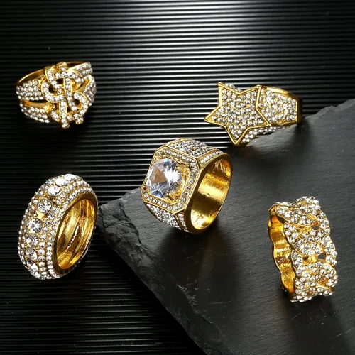 Miniatura 2 de Sanfenly Anillo helado para hombre, chapado en oro de 14 quilates, anillo meñique con diamantes de alta calidad, con circonita cúbica, signo