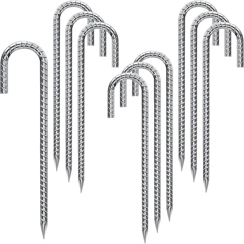 Rebar Estacas de 12 pulgadas, paquete de 10 estacas de metal resistente en J, estacas de valla para trampolín, valla, tienda de campaña (10, 12