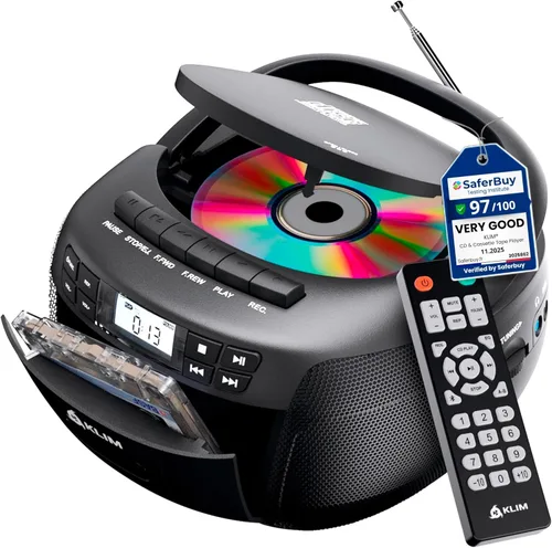 KLIM Reproductor de CD + Cinta de Casete, Boombox CD Bluetooth, Radio AM/FM, Sonido Estéreo, Control Remoto, Combo de Reproductor de CD y Cinta,