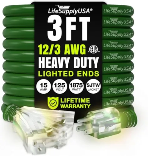 Cable de extensión LifeSupplyUSA para interiores y exteriores de 3 pies, 3 tomas de corriente, calibre 12/3, extra resistente, listado ETL, 3
