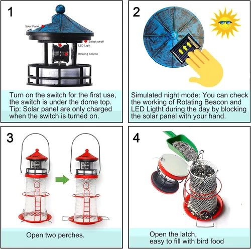 Miniatura 7 de Comedero Solar para Pájaros Faro con Baliza Giratoria - 14" Colgante Mejor Regalo de Comedero para Amantes de las Aves (Rojo Manzana).